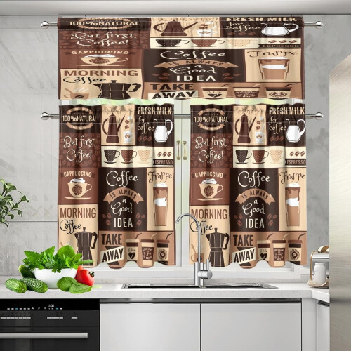 Coffee Valance Curtains Brown Logo Pattern Rod Pocket 2