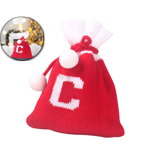 Christmas Knit Drawstring Gift Bag Red White Santa Sack