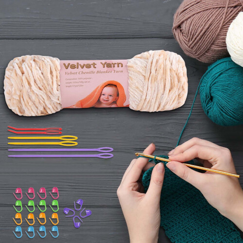Crochet Kit Beginner Plush Chenille Cotton Yarn Khaki 2