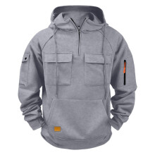 Sweat-shirt à capuche pour homme, uni, à fermeture éclair quart de cercle et poches multiples