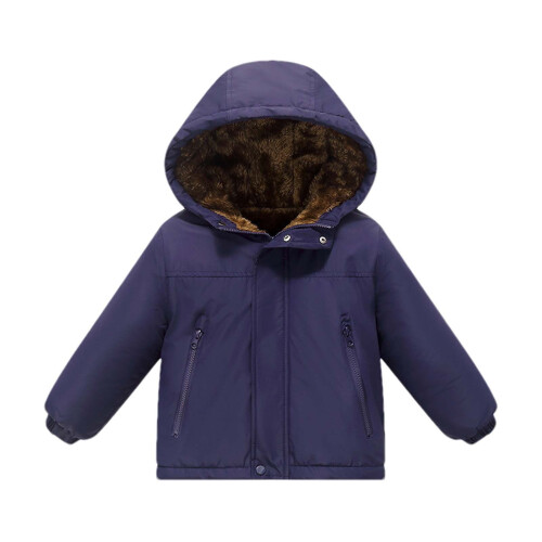 Cappotto invernale da bambino con cappuccio, foderato in pile e tasche. 1