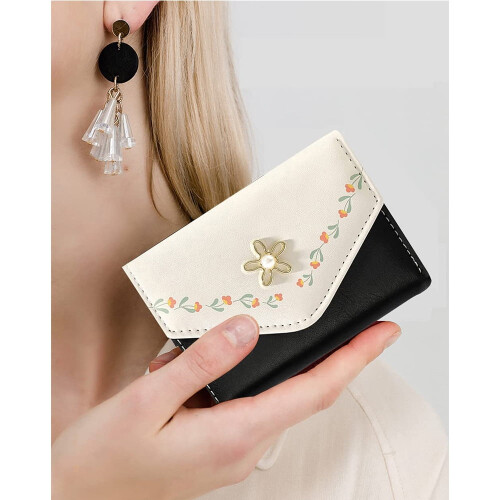 Women's Tri-Fold Wallet PU Leather Slim Black 2