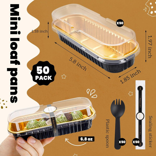 Mini Cake Pans with Lids and Spoons Black Gold Rectangular 2