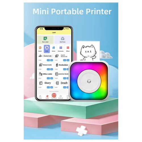 LED Light Printer Pocket Thermal Paper Label Adhesive Webpage Picture Printing  Wireless Type-C