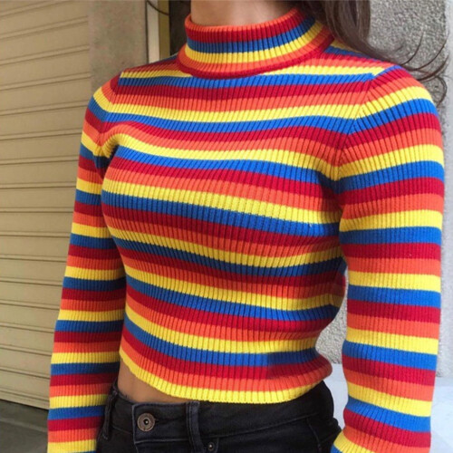 Women's Turtleneck Sweater Long Sleeve Rainbow Stripes Crop 2