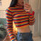 Women's Turtleneck Sweater Long Sleeve Rainbow Stripes Crop 7