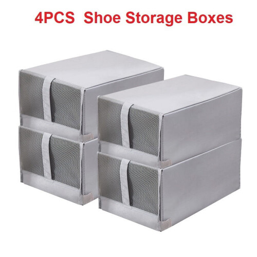 Foldable Shoe Organizer Boxes Mesh Lid Handle Light Gray 1