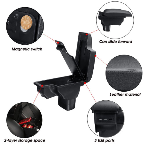 Leather ABS Center Console Storage Box with 3 USB Ports for 2