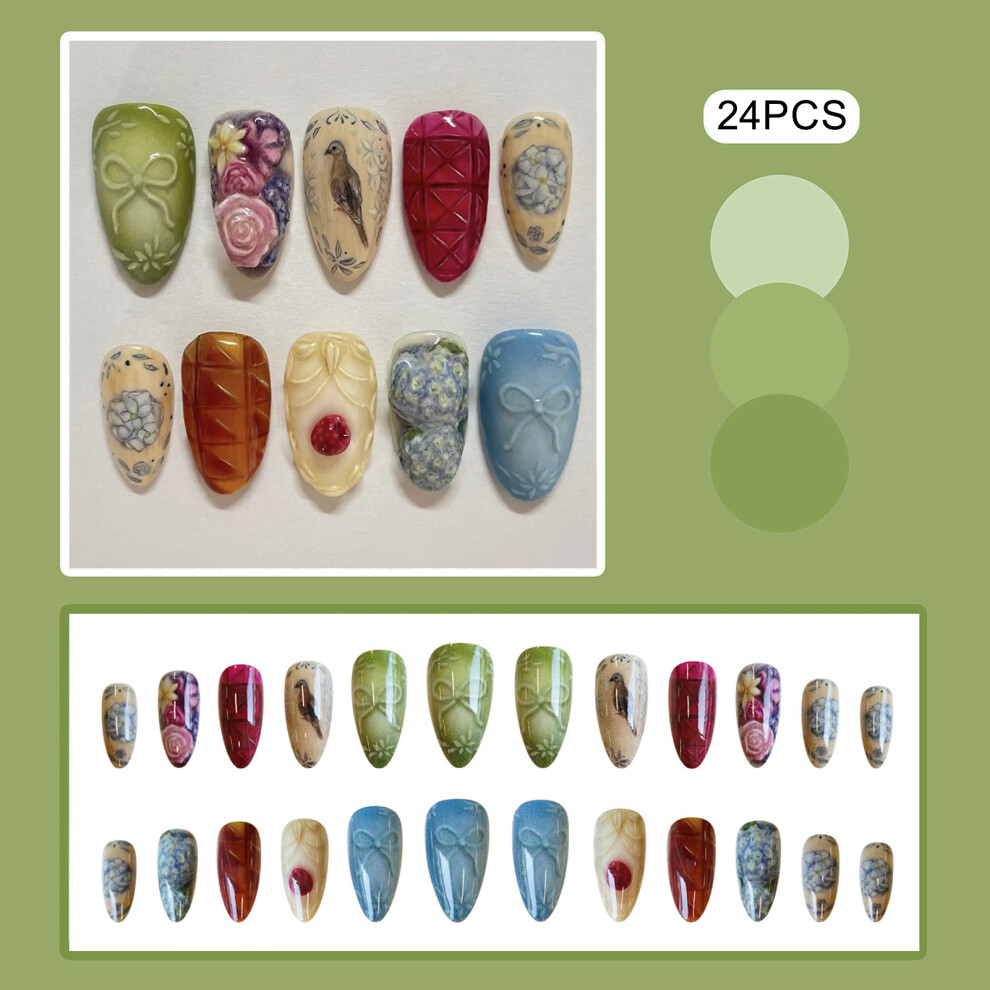 Roc-Electron 24Pcs Bird Print Press On Nails, Long Lasting & Reusable
