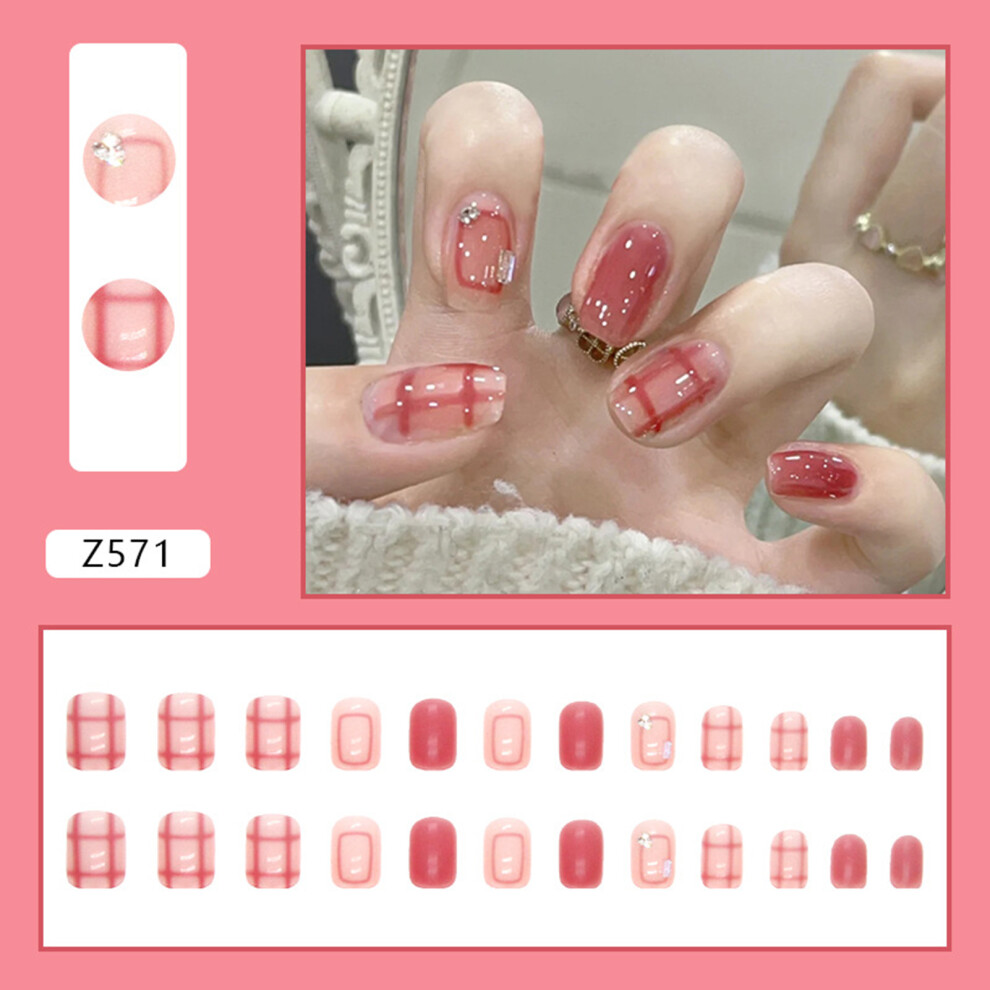 Roc-Electron (Jelly Glue Model) Glossy Pink Plaid Fake Nails For Manicure