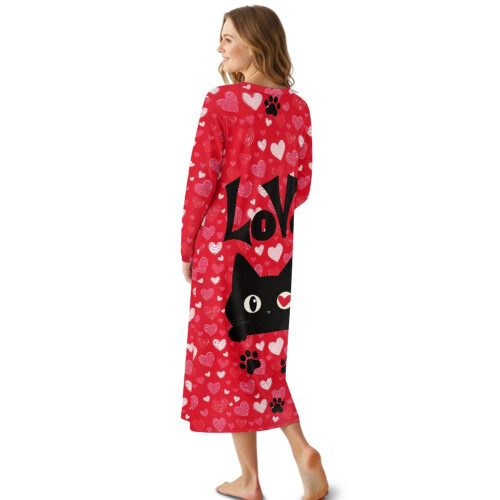 Women's Long Sleeve Nightgown Button Front Ankle-Length Red 1