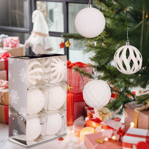 Flocked White Christmas Tree Ornaments Set 6 Pieces
