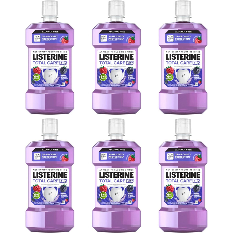 Listerine Total Care Kids Mouthwash, Ada Accepted, Alcohol-Free Anticavity Sodium Fluoride Mouthwash, Berry Splash Flavor For Kids, 16.9 Oz, 6-Pack
