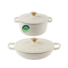 Salter Cast Iron Casserole Set 24cm & 30cm Cream Oven Safe PFAS-Free Coating