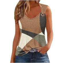 Women's Summer Tank Top Color Block Print Sleeveless Round