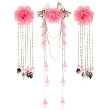 Flower Clip Hair Ornament with Metal Tassel Balls Pink