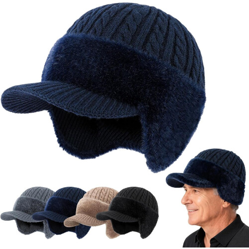 Baseball Beanie Fur-Lined Warm Knitted Hat with Ear Flaps