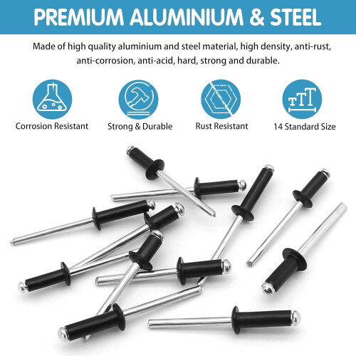 500pcs Black Aluminum Blind Rivets Assortment Kit - Open End Pop Rivets 2