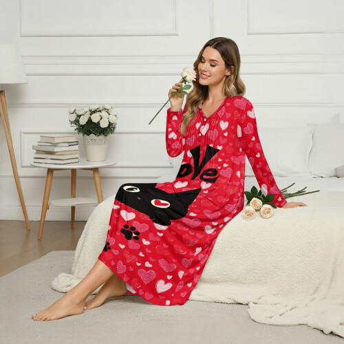 Women's Long Sleeve Nightgown Button Front Ankle-Length Red 2