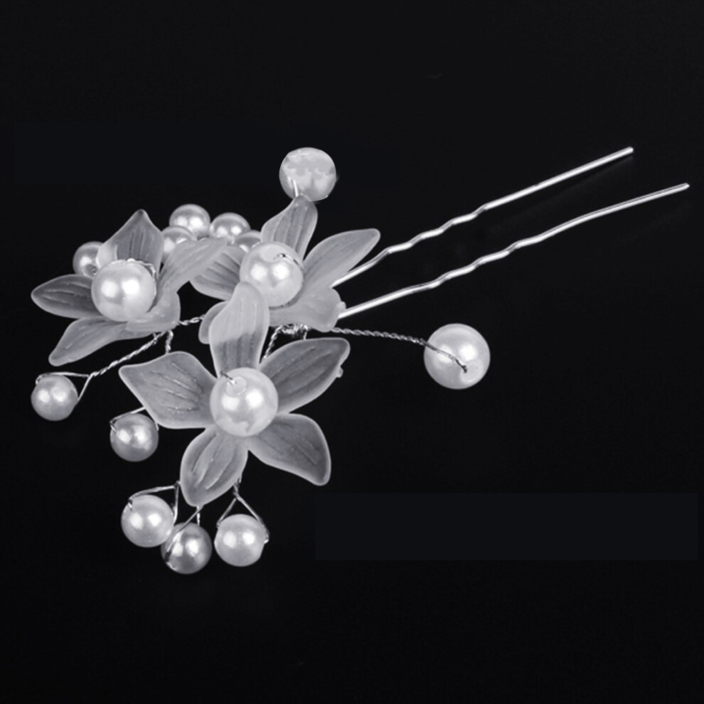 Dcph-Clothing (White) Flower Pearl Hair Clip For Women - U-Shaped Hairpin