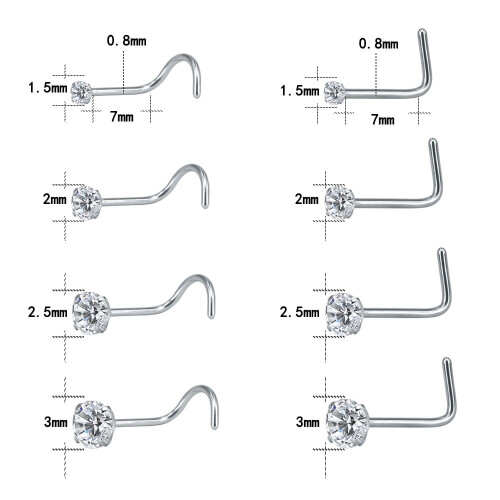 Stainless Steel Crystal Nose Stud Set L-Shaped 8 Pieces 1