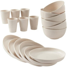 1set Strohhalm Besteckset, 6 X Tassen + 6 X Schalen + 6 X Teller, Haushaltsgeschirrset, Hohe Qualität