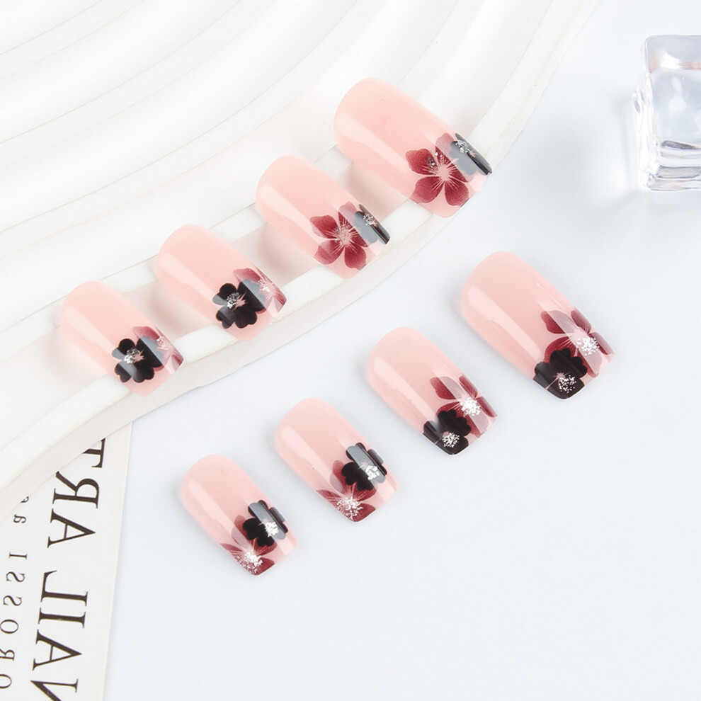 Hue-Grain 24Pcs Pink Floral Fake Nails Eco-Friendly