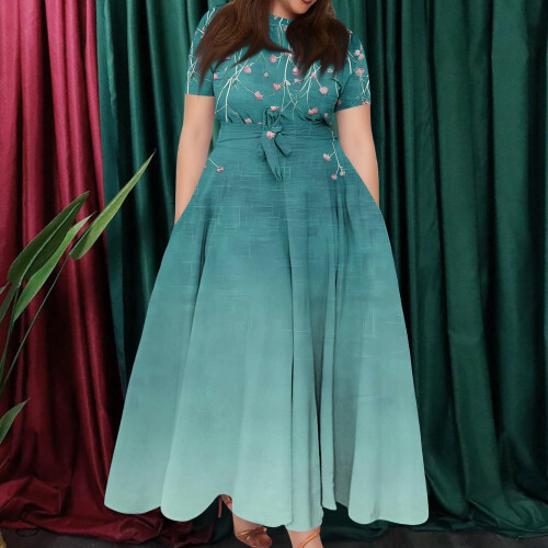 Damen-Swingkleid mit Blumenmuster, Cyan, XXL 1