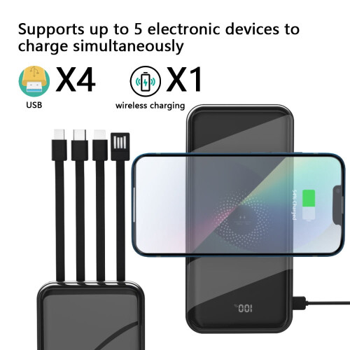 Portable Power Bank 10000mAh with 4 Cables USB-C Wireless 1
