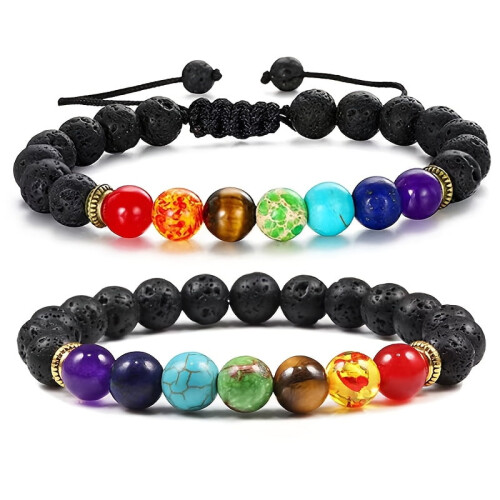 7-Chakra Healing Bracelets Lava Stone 2 Pcs