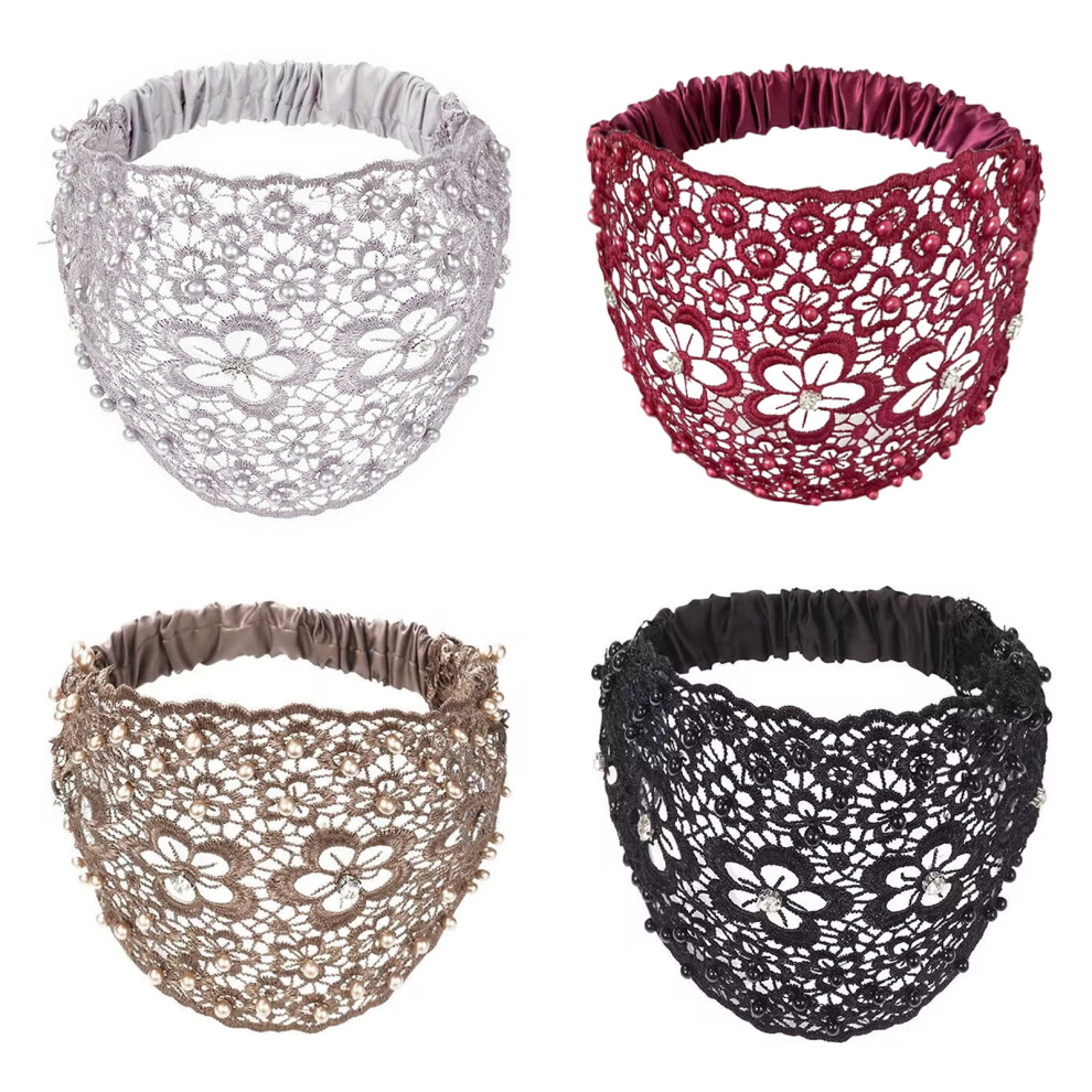 Women's Floral Lace Headband with Faux Pearls 4Pcs