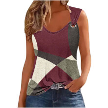 Women's Summer Tank Top Color Block Print Sleeveless Round