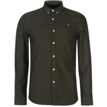 (L, Dark Green) Farah Mens Vintage Oxford Long-Sleeved Button-Down Shirt