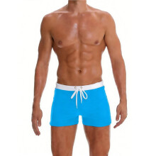 Mens Swimming Contrast Color Side Stripe Drawstring Slim Fit Square Leg Swim Trunks Lake XXXL