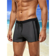 Mens Swimming Contrast Color Side Stripe Drawstring Slim Fit Square Leg Swim Trunks 4510 Black Gray M