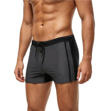 Mens Swimming Contrast Color Side Stripe Drawstring Slim Fit Square Leg Swim Trunks 4510 Black Gray L