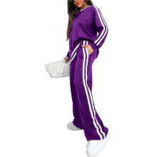 Trainingspakken voor Dames, 2-Delig, Top met Ronde Hals en Lange Mouwen, Joggingbroek met Wijde Pijpen Paars S