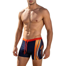 Mens Swimming Contrast Color Side Stripe Drawstring Slim Fit Square Leg Swim Trunks Tangerine Color M