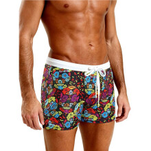 Mens Swimming Contrast Color Side Stripe Drawstring Slim Fit Square Leg Swim Trunks Skull XL
