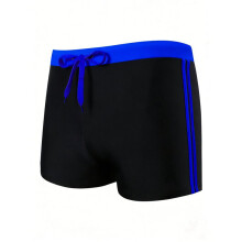 Mens Swimming Contrast Color Side Stripe Drawstring Slim Fit Square Leg Swim Trunks Black Sapphire L