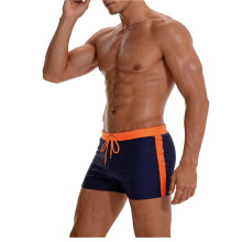 Mens Swimming Contrast Color Side Stripe Drawstring Slim Fit Square Leg Swim Trunks Orange XXXL
