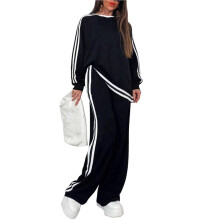 Trainingspakken voor Dames, 2-Delig, Top met Ronde Hals en Lange Mouwen, Joggingbroek met Wijde Pijpen Zwart XXXL