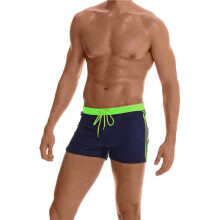 Mens Swimming Contrast Color Side Stripe Drawstring Slim Fit Square Leg Swim Trunks Green XL