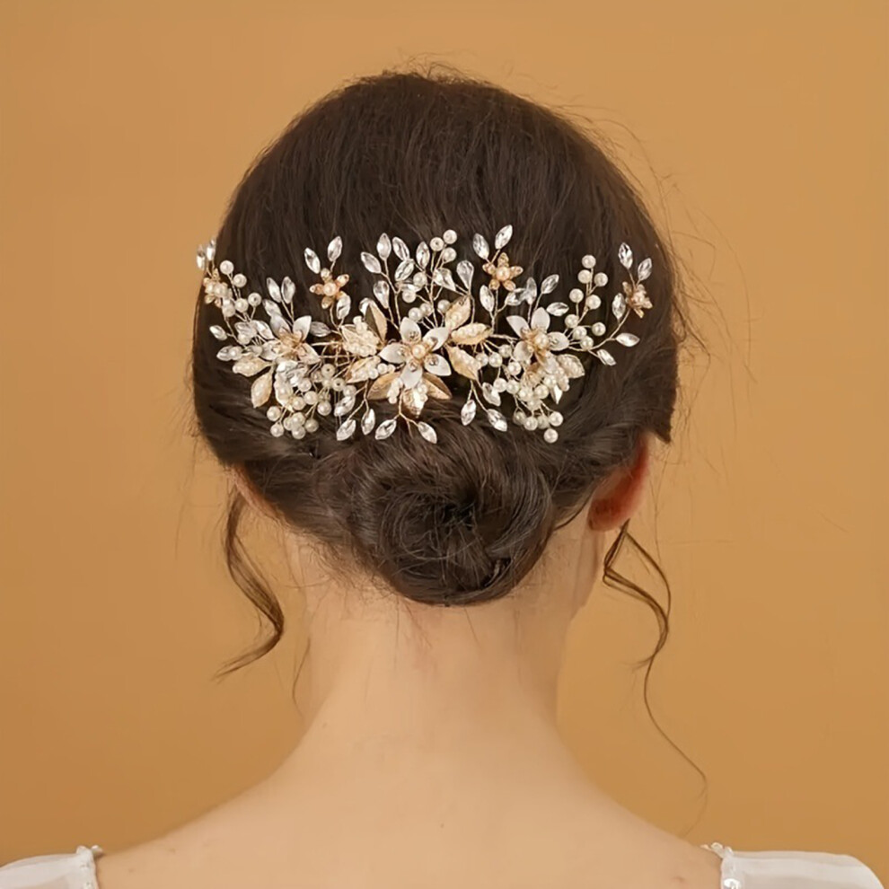 Phui-Pet-Supplies (Gold) Pearl Rhinestone Wedding Hair Comb For Thick Hair