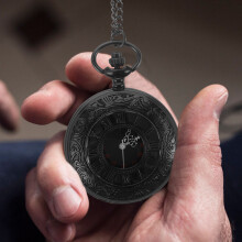 Black Retro Pocket Watch with Embossed Design and Sturdy