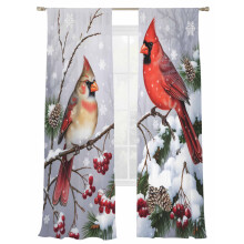 Christmas Bird Sheer Curtains Red Cardinal Snowy Tree 52x84