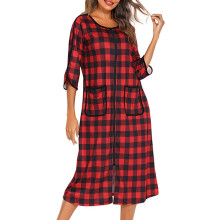 Women's Plaid Robe with Zipper Front and Pockets S-2XL