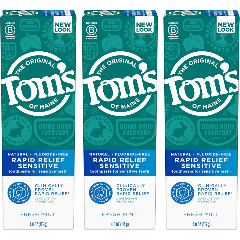 Tom's Of Maine Fluoride-Free Rapid Relief Sensitive Toothpaste, Fresh Mint, 4 Oz. 3-Pack (Packaging May Vary)