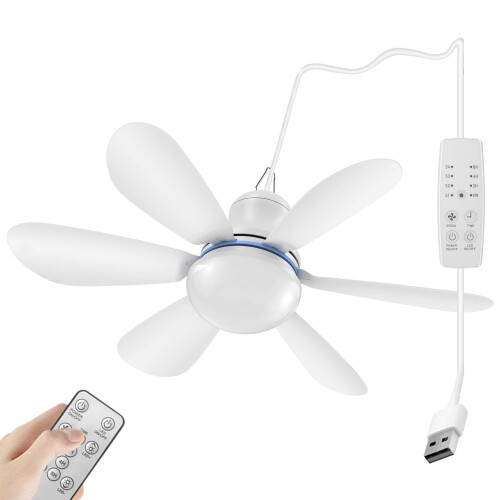 (1) Silent 6-blade USB-powered ceiling fan with remote control and timing function, 4 speeds, suitable for camping, bedside,