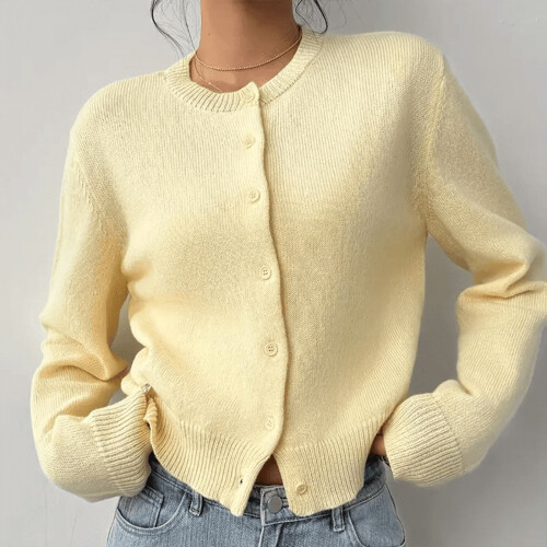 Women's Solid Knit Cardigan Long Sleeve Button Front Yellow 2